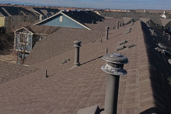 aerial view of new roof on multi-family homes Advanced Exteriors Denver